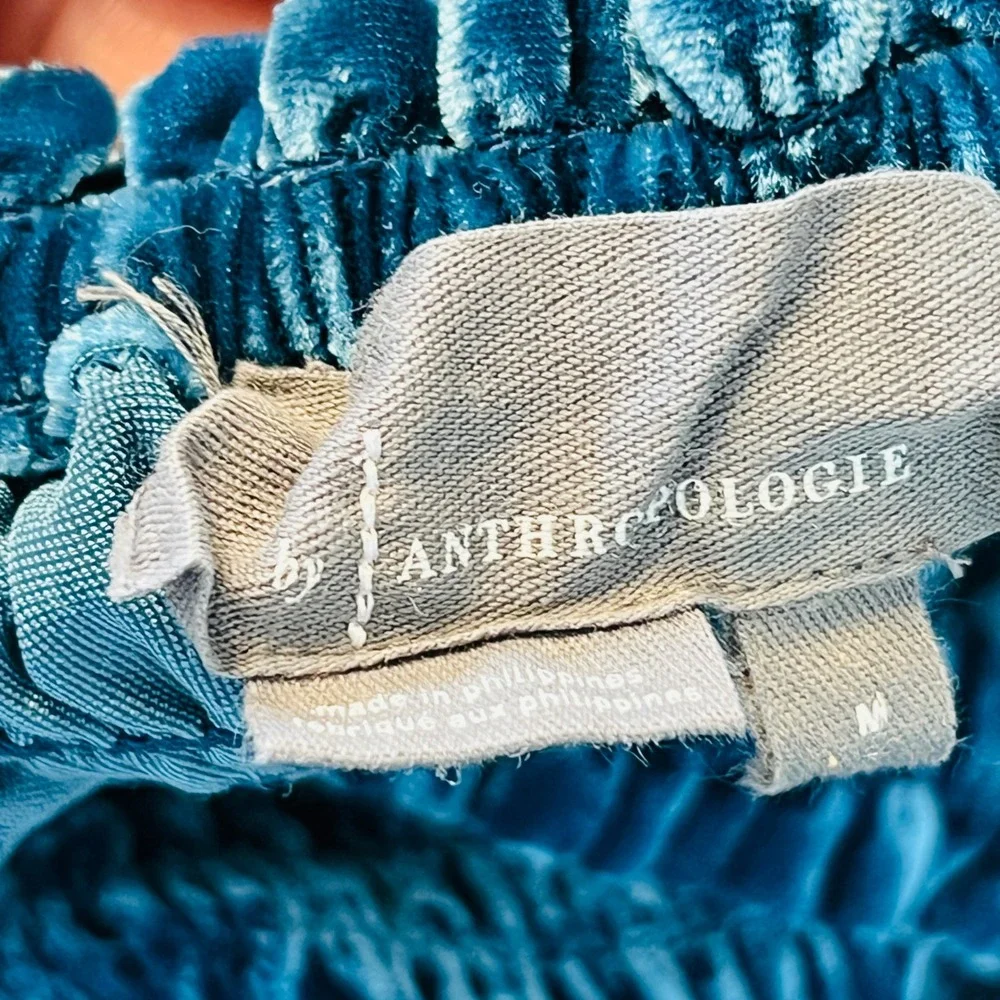 Anthropologie Blue Velvet Smocked Puff Sleeve Crop Top Womens Medium - Picture 3 of 6